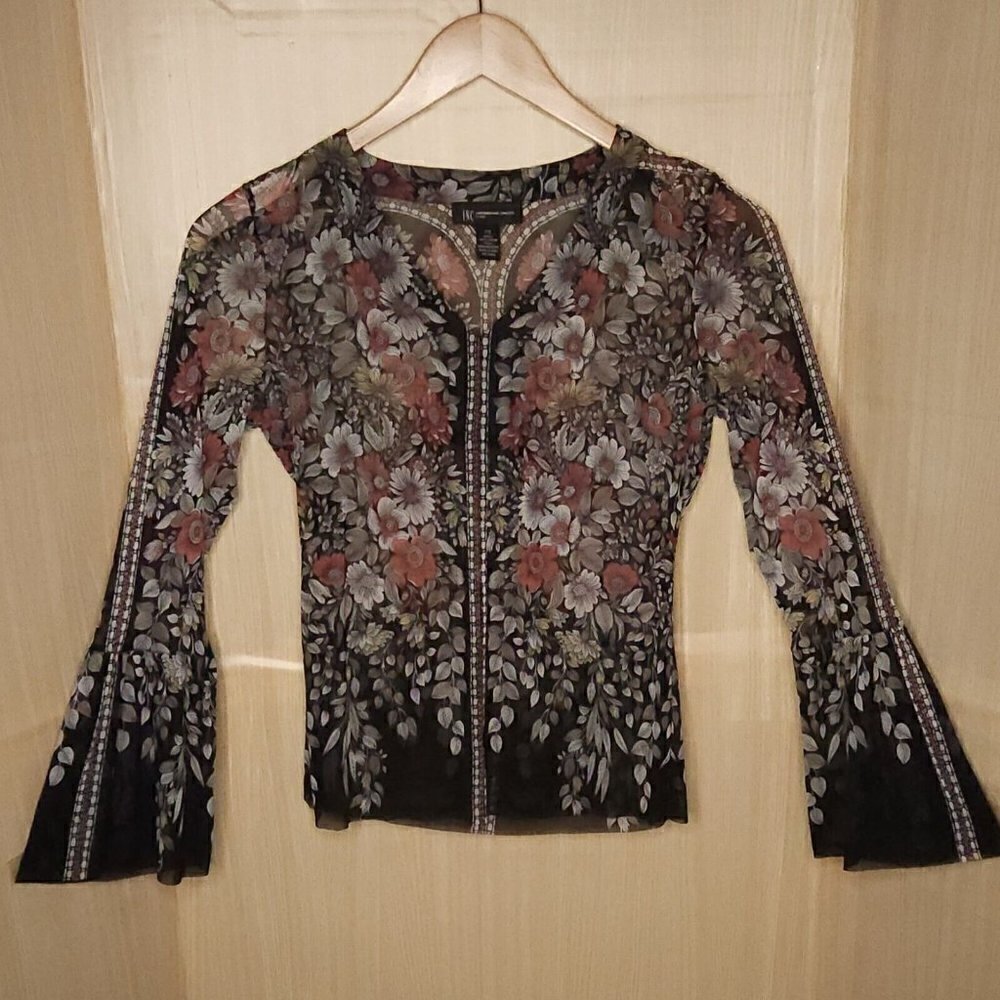 Inc International Concepts Petite Sheer  Bell Sleeve Floral Stretchy Top SP